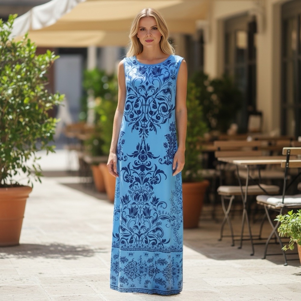 India Boutique One-Size Sleeveless Tank Maxi Dress Blue with Rhinestone Accents